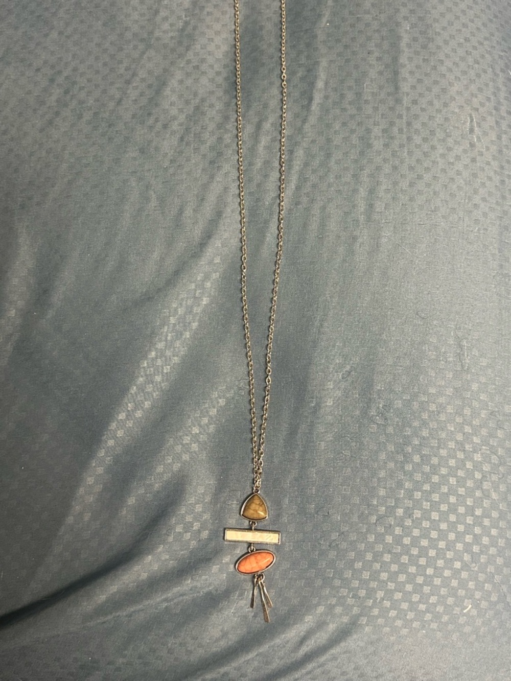 Modern Silver-Tone Pendant Necklace with Yellow and Coral Stones